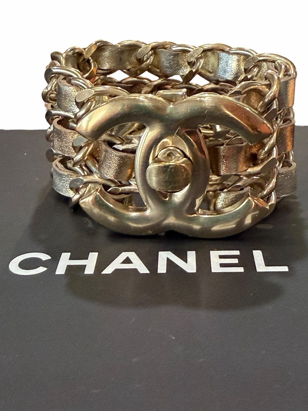 CHANEL Gold Leather Interwoven 3 Chain-Link CC Logo Bracelet